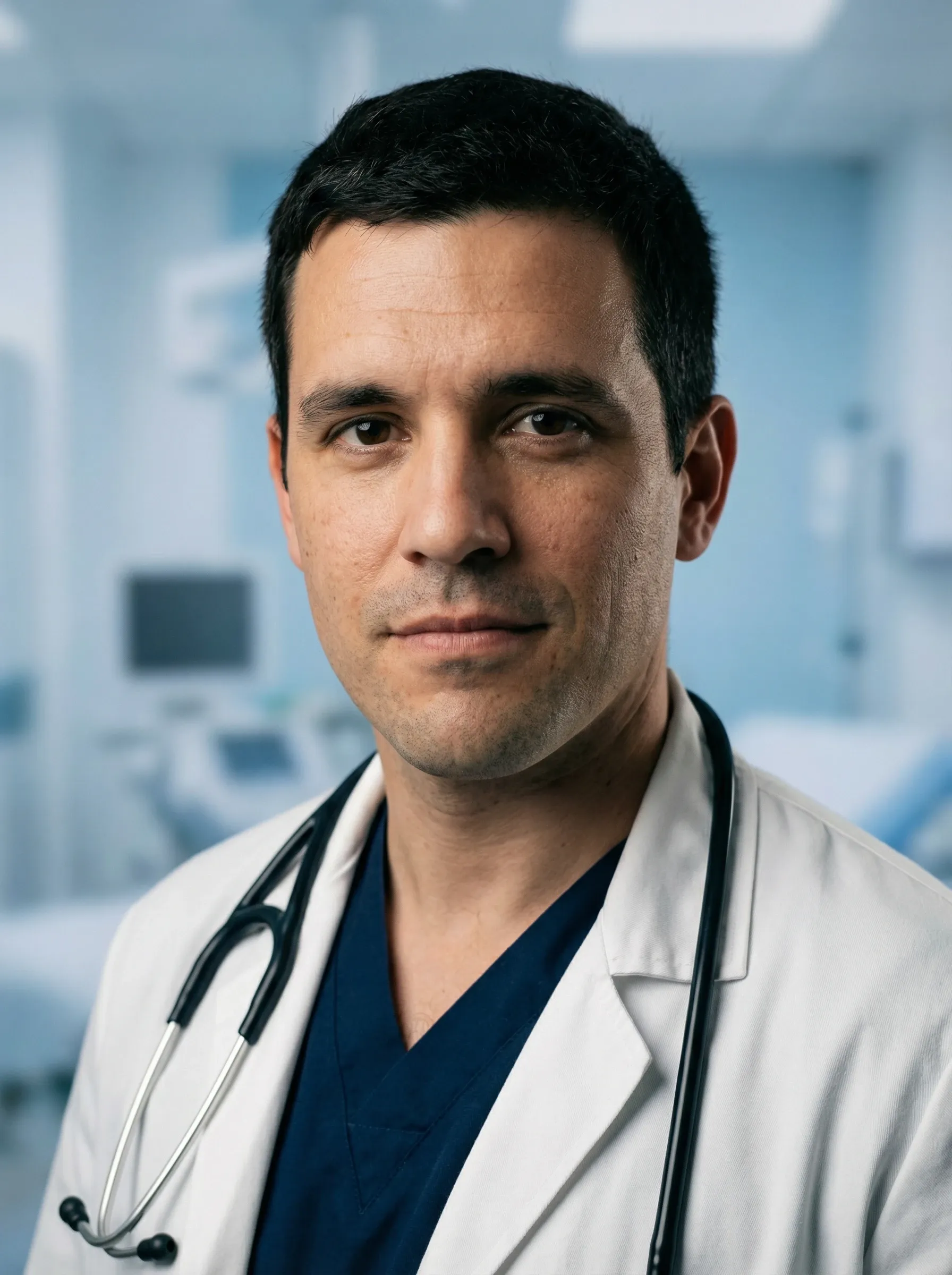 AI doctor headshot — man in a white lab coat over navy scrubs with a stethoscope in a treatment room